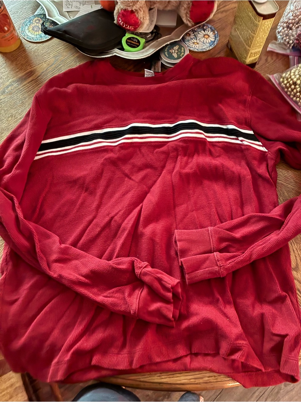 GAP Men's Burgundy Crewneck Sweater with Black and White Stripes
